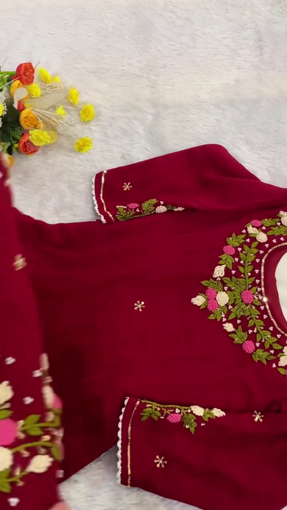 Maroon Floral Embroidered Kurt