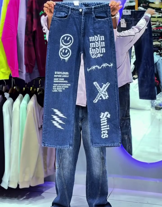 Skull Print Wide-Leg Jeans
