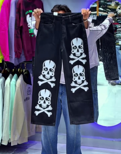 Skull Print Wide-Leg Jeans